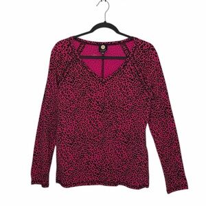JONES NEW YORK WOMENS PINK BLACK ANIMAP PRINT LONG SLEEVE V-NECK TOP SIZE LARGE